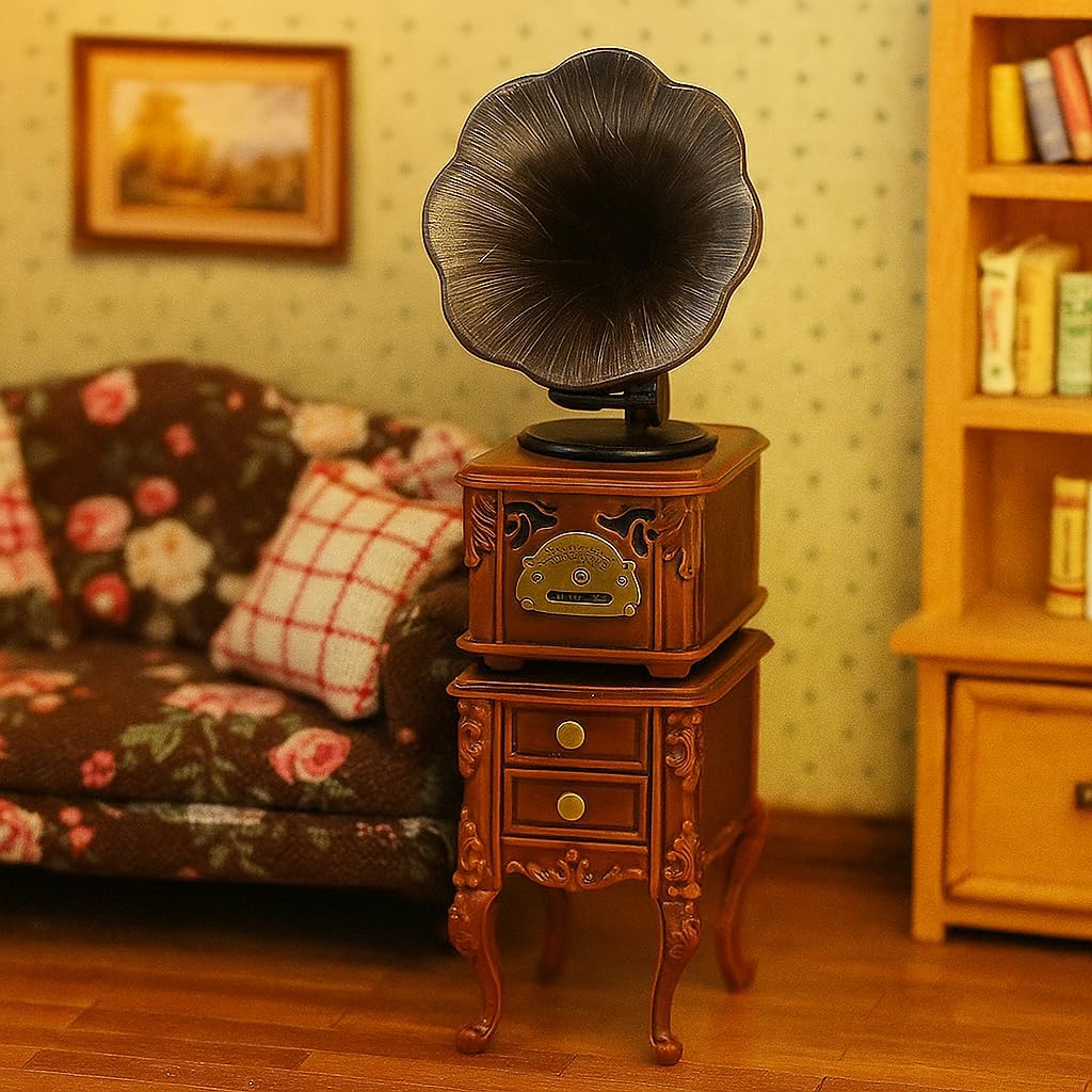 LOGOFUN Miniature Retro Phonograph Set Mini Retro Gramophone with Sound for Dollhouse Home Desktop Collectible Cabinet Decor - 1.7 * 1.3 & 2.3 * 1.1in