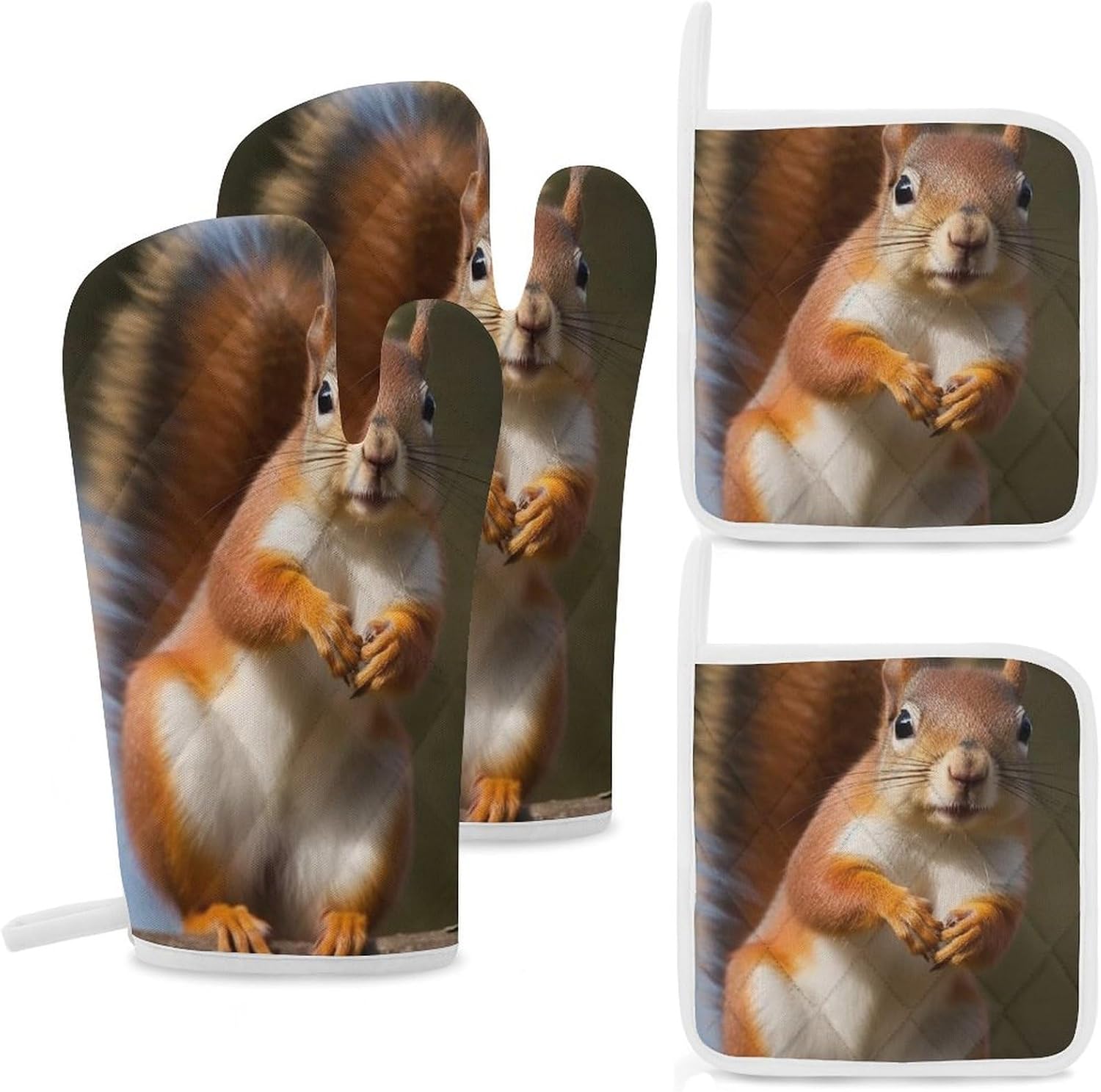 4-Piece Oven Mitts and Pot Holders Set Squirrel Funny Animal Printed Heat-Resistant Polyester Kitchen Gloves and Potholders Comfortable & Durable for Cooking Baking and Grilling