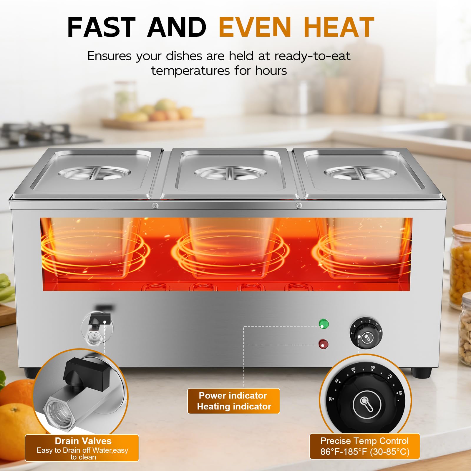 TAIMIKO Bain Marie électrique en Acier Inoxydable 220V Chauffe-Plats Professionnel Commercial avec 3 Bacs Casseroles avec Robinet de vidange Contrôle de la température