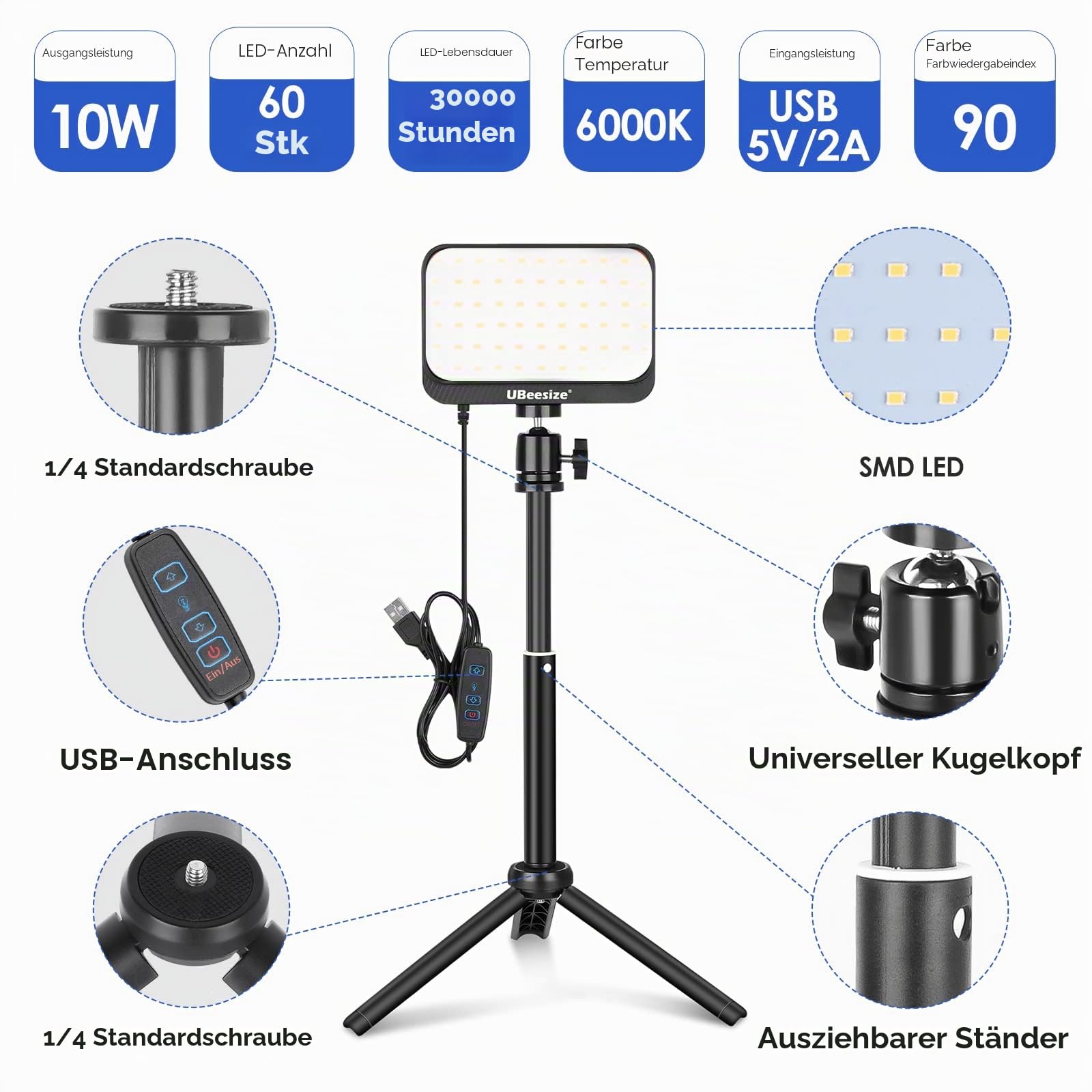 UBeesize 2er-Pack LED Videolicht Dimmbares Kamera Licht mit Einstellbar Stativ Ständer und Farbfilter für Videokonferenzen Beleuchtung/Spielestreaming/YouTube-Videofotografie