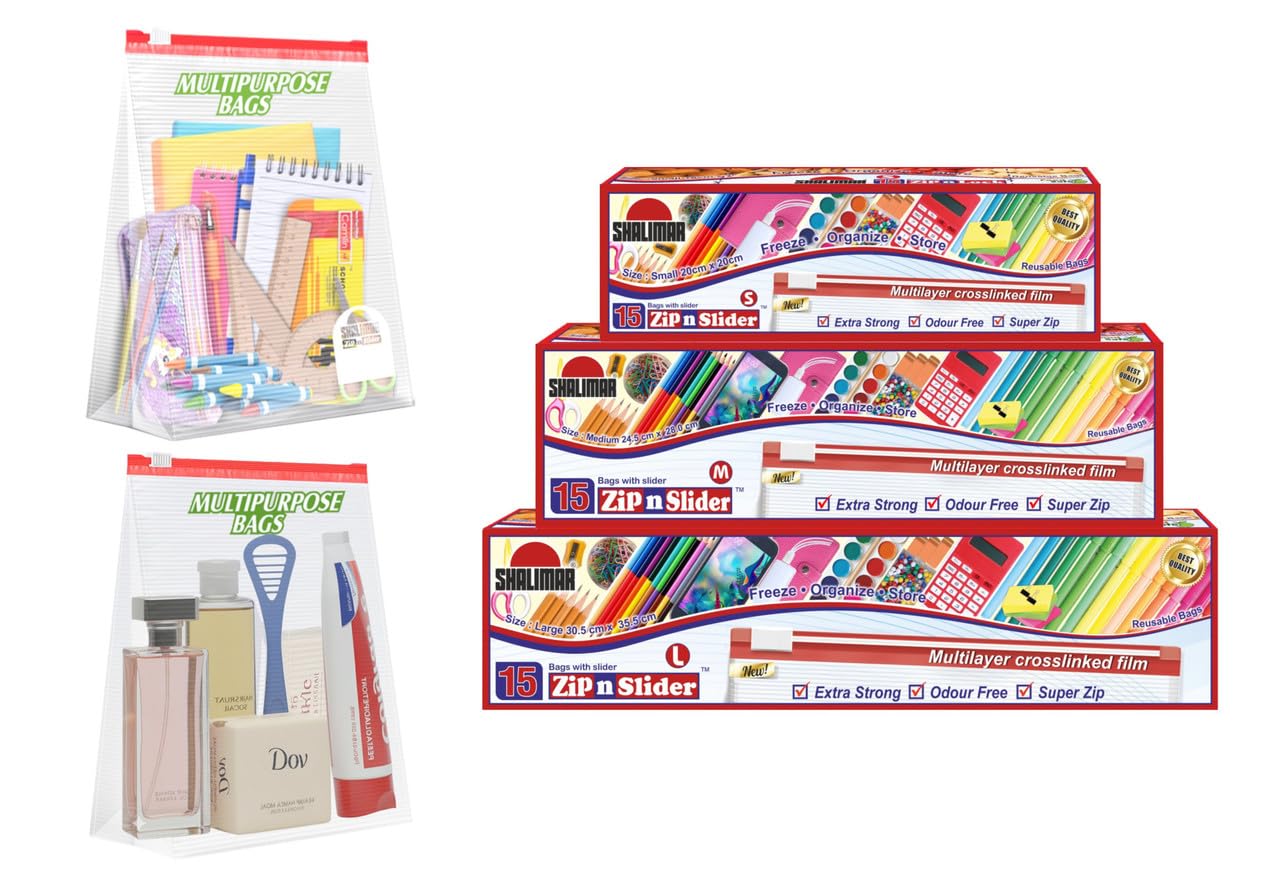 Shalimar Zip Lock Slider Bag Combo Pack – Reusable & Reclosable – 45 Bags (Small + Medium + Large) – Zip Lock/Vegetable/Fridge/Multi-Purpose Storage Bags with Slider Lock