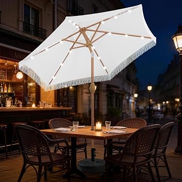 7.5ft Fringe Umbrella with Lights,Outdoor Market Umbrella with Push Button Tilt and Crack for Garden, Pool, Deck, Bistro,White