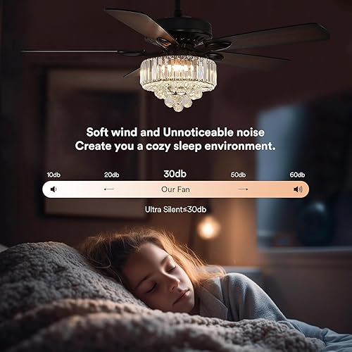 Miniatura 8 de NOXARTE Ventilador de techo de cristal de 52 pulgadas con luz, lámpara LED moderna con control remoto, ventilador de araña negro, motor de reversa,