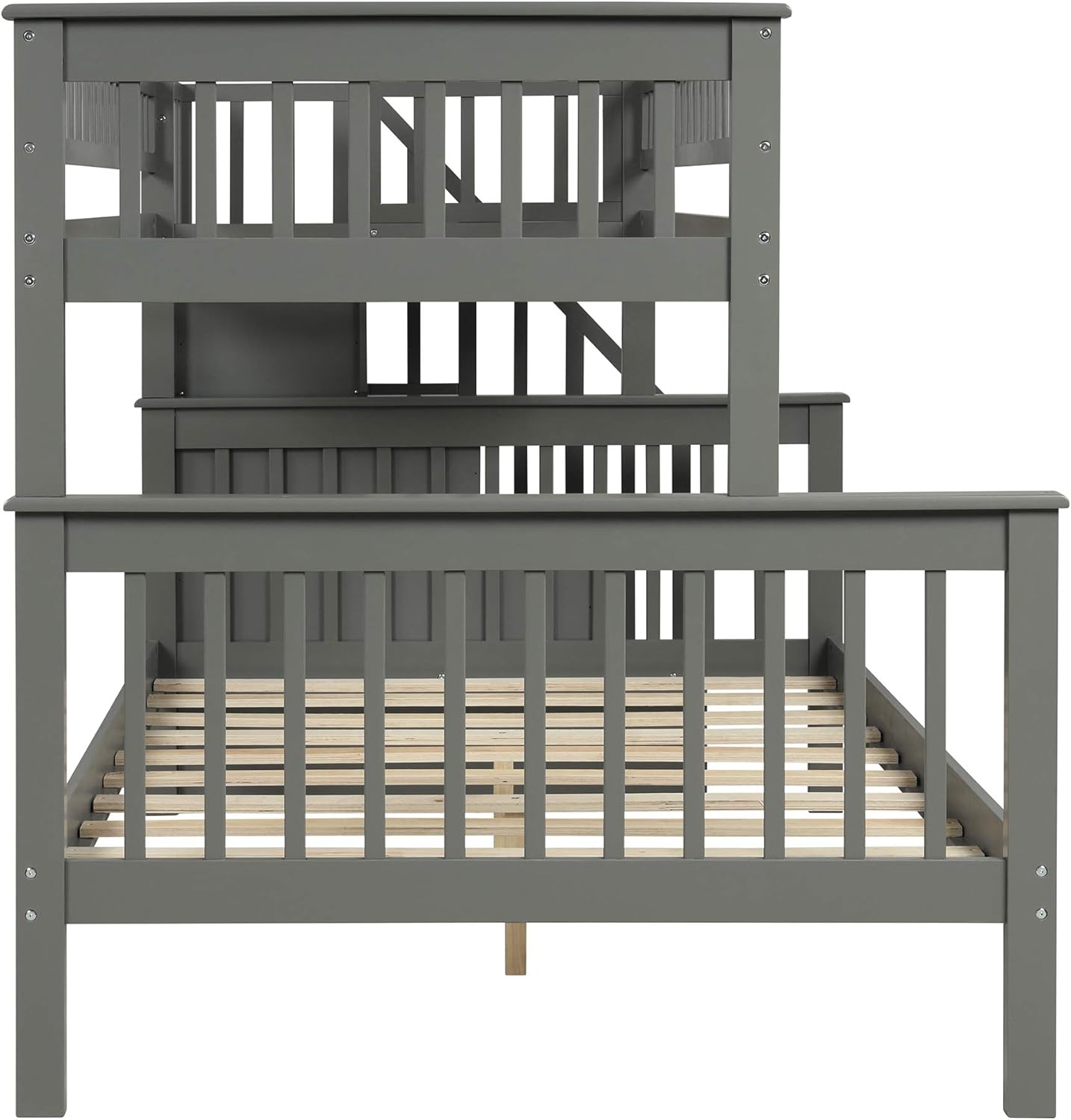P PURLOVE Twin Over Full Bunk Bed with Storage Stairs,Wood Stairway Bunk Beds with Staircase can be Divided into 2 Platform Beds,Gray