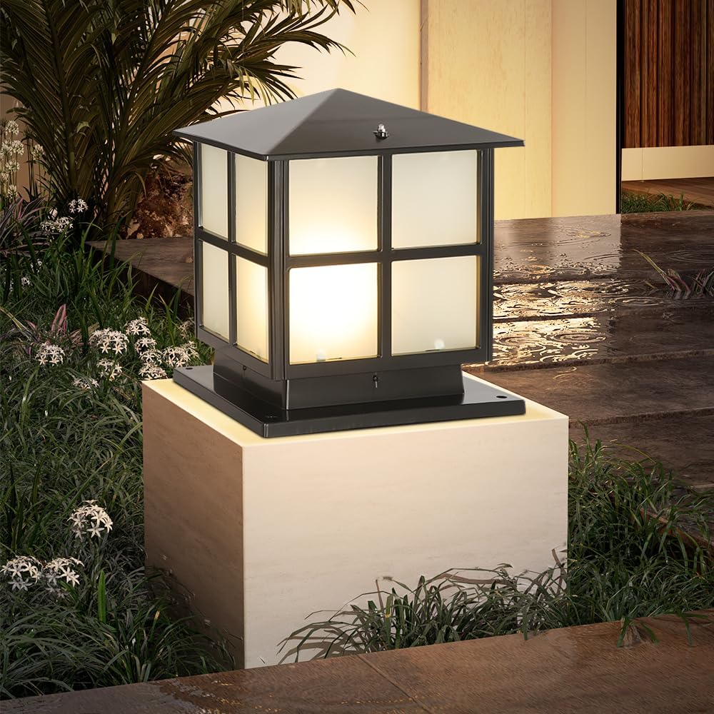 SLAWA Outdoor Post Lights Fixture, Modern Yard Entry Outdoor Column Lights with Aluminum Housing, Patio Pillar Lights Outdoor with Tempered Glass, IP65 Waterproof 9.8"x11" Black