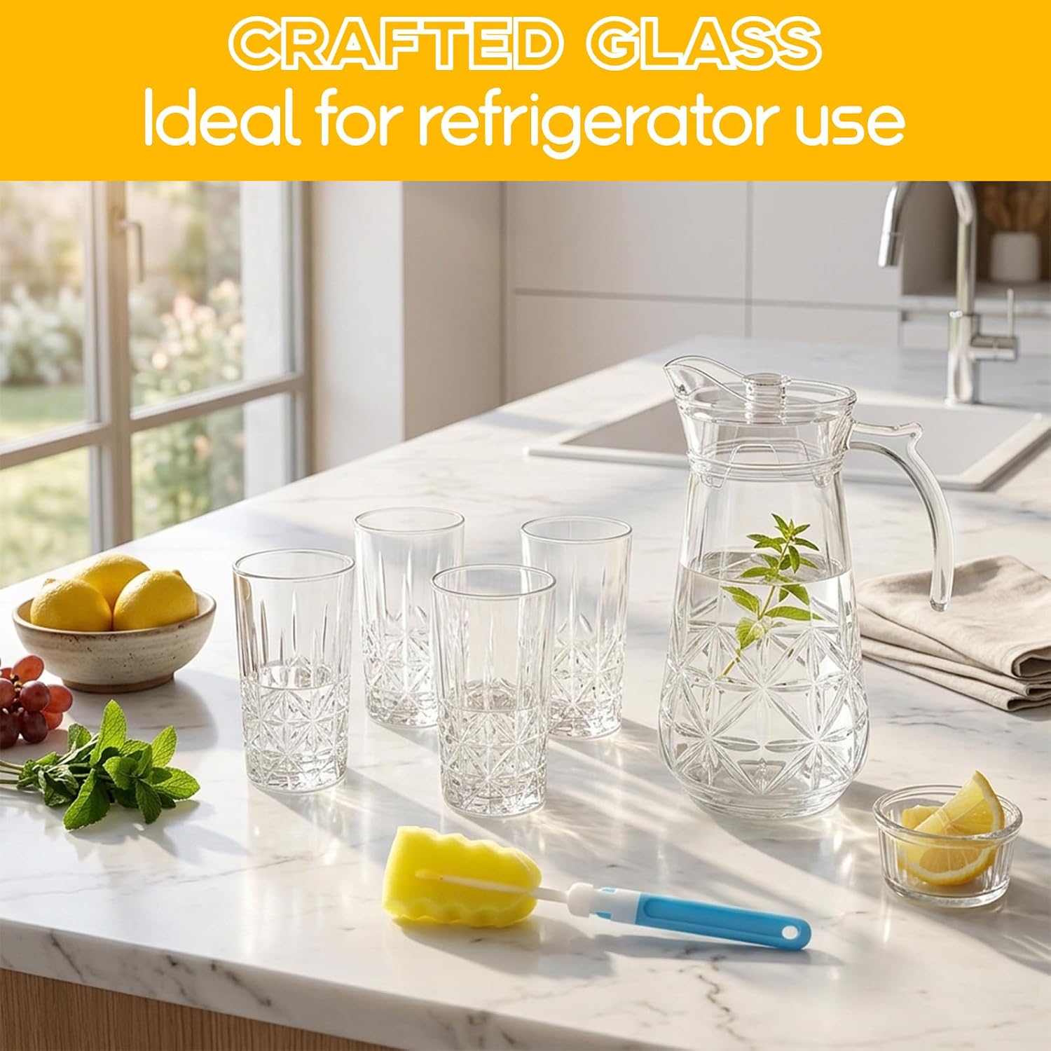 8 Pcs Glasses Pitcher Drinkware Set With Cleaning Brush, Jug with Lid Spout, 54oz Carafe, 6 Tall Beverage Cups, for Water Lemonade Cocktail Iced Tea (Crystal Style)