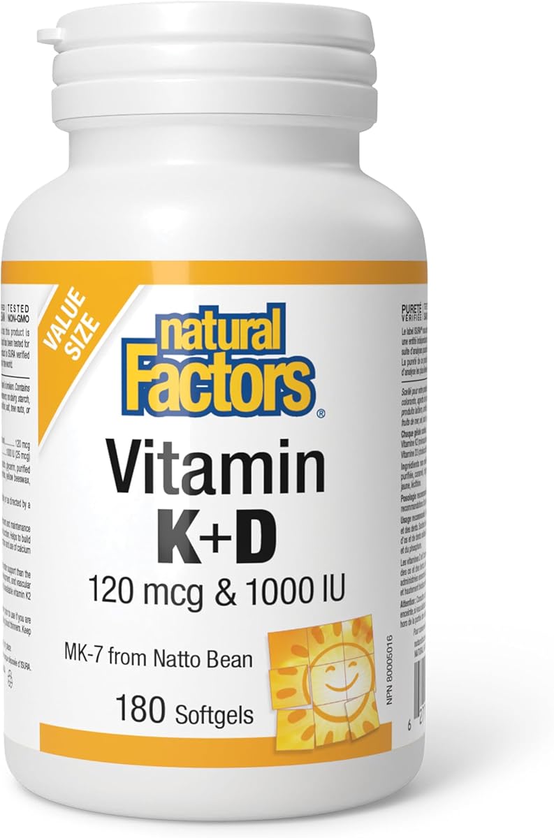 Natural Factors Vitamin D 1000 IU and Vitamin K2 120 mcg, 180 Softgels, HIGH POTENCY, MK-7 from Natto Beans, Immune Function, Vitamin D3 Supplement, Proudly Canadian