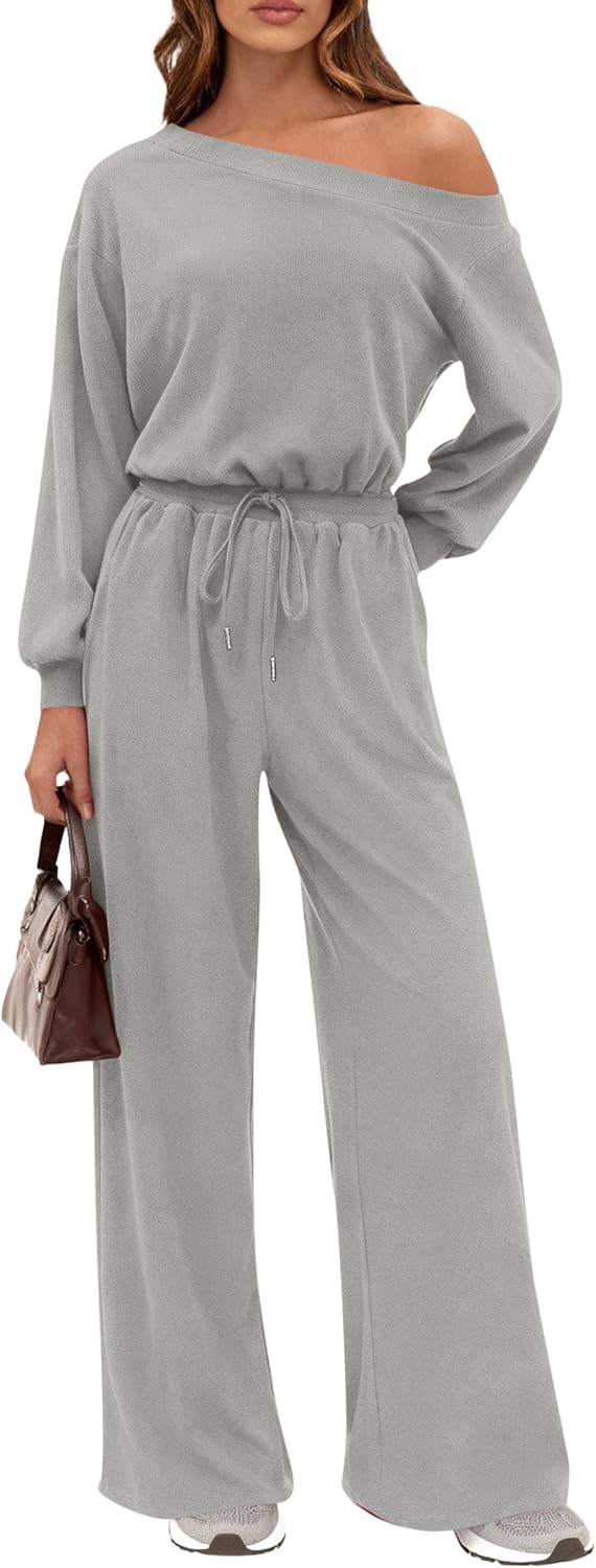 PRETTYGARDEN Long Sleeve Jumpsuit For Women Dressy 2026 Off Shoulder One Piece Loose Wide Leg Jumpsuits Casual Flowy Romper