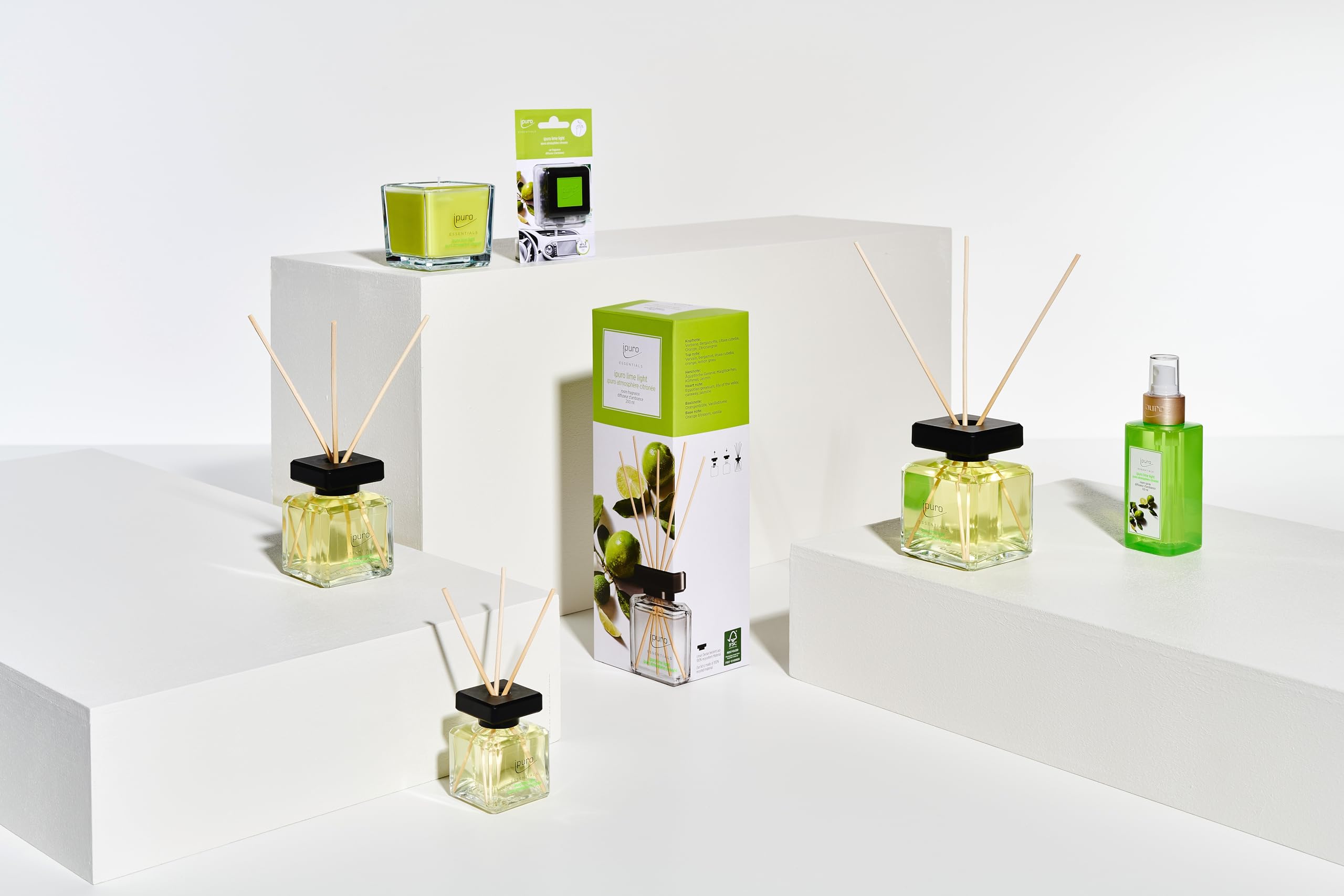 ipuro - Essentials Raumduft LIME LIGHT 200ml | Raumerfrischer mit Zitronengras, Bergamotte, Orange, Geranie, Maiglöckchen & Vanilleblumen Duft Aroma | Diffuser mit Stäbchen