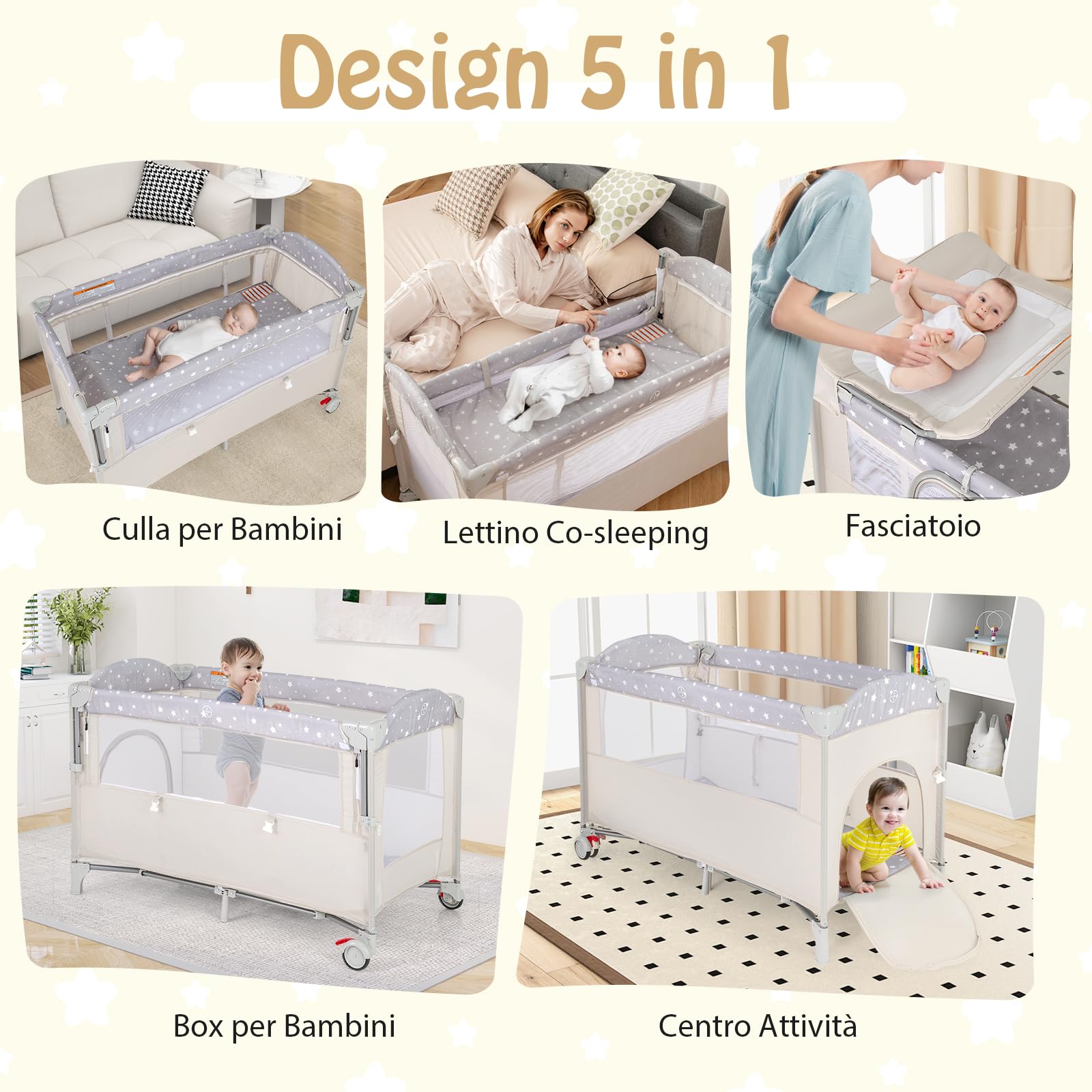 RELAX4LIFE 5 in 1 Lettino da Campeggio per Bambini, Culla Neonato con Fasciatoio e Cingia Fissagio, Carillon e 3 Giocattoli Appesi, Adatto a Bambini da 0 a 36 Mesi (Beige)