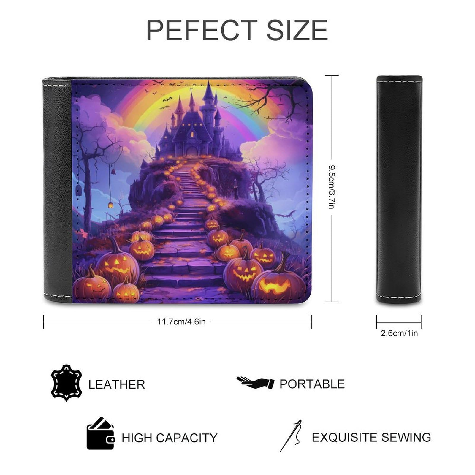 Halloween Pumpkins Haunted House Rainbows Bifold Wallet PU Leather Slim Purse Pocket Wallet with Card Holder for Women Men