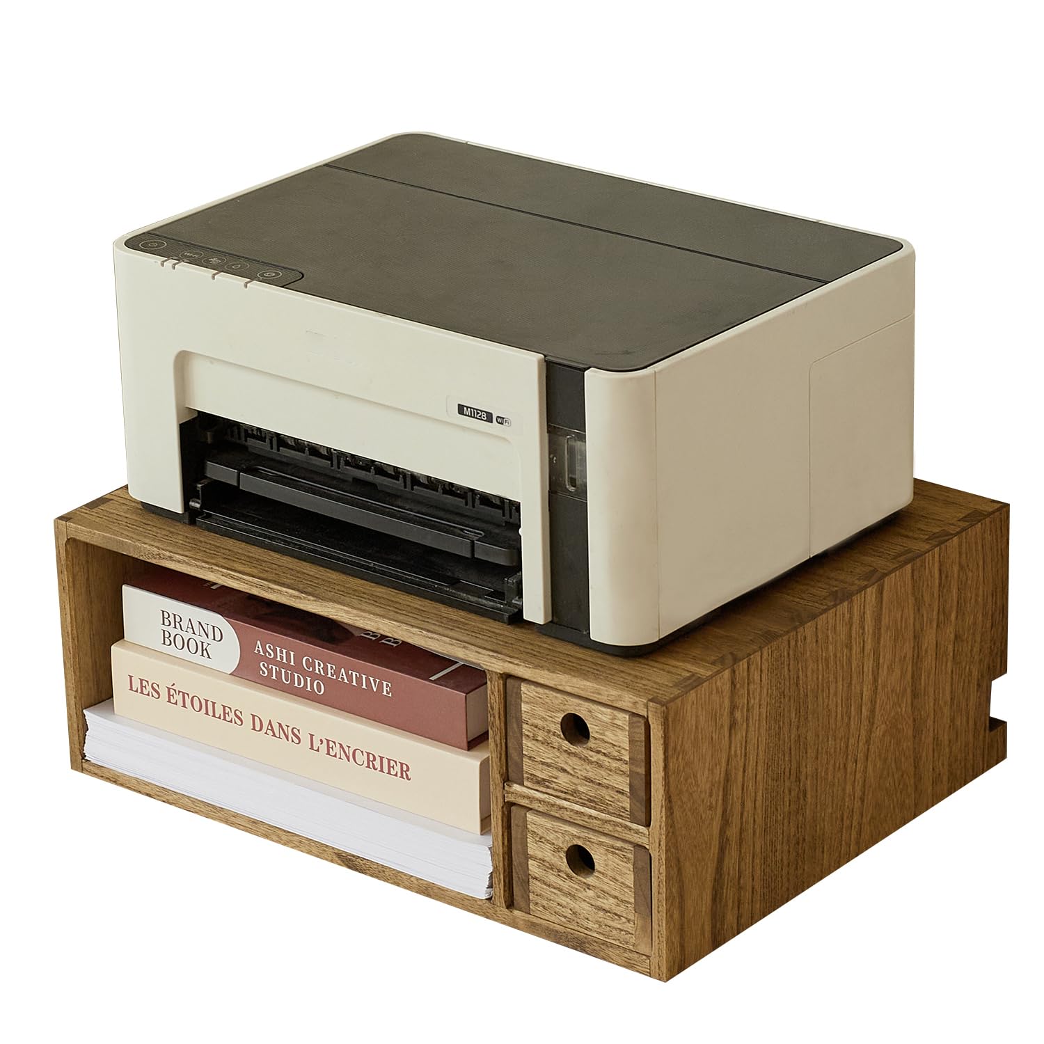 KIRIGEN Solid Wood Printer Stand with 2 Drawers & Open Compartment, Desk Tidy Organizer for A4 Paper, Office Supplies & Power Strip Storage, Wooden Printer Table for Home Office(DYJG-DBR)