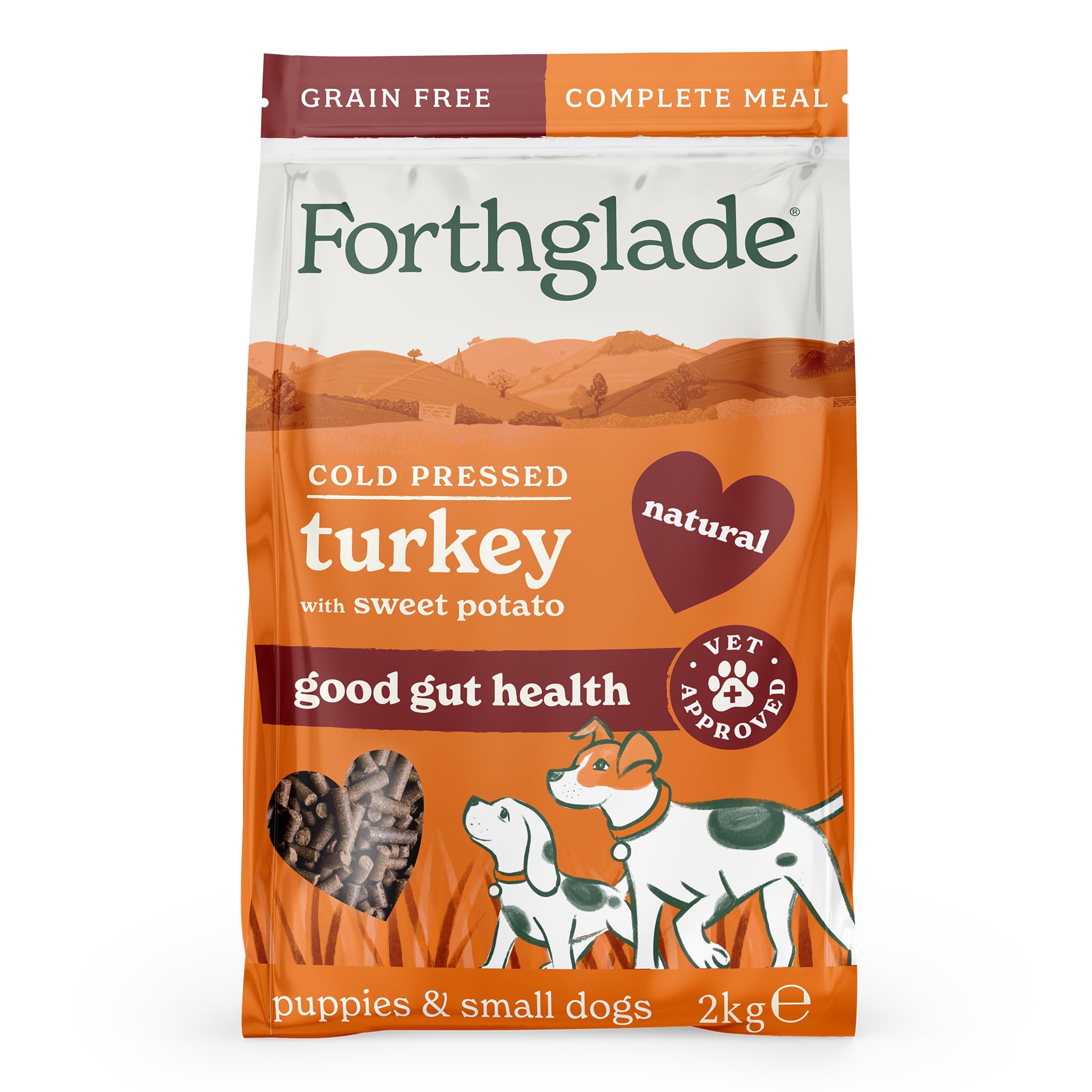 Forthglade Dry Dog Food, Cold Pressed (2kg Resealable Bag), Puppy and Small Dog Dry Meals with Turkey & Vegetables, Hypoallergenic Dog Food, Grain Free Complete Meal for Good Gut Health