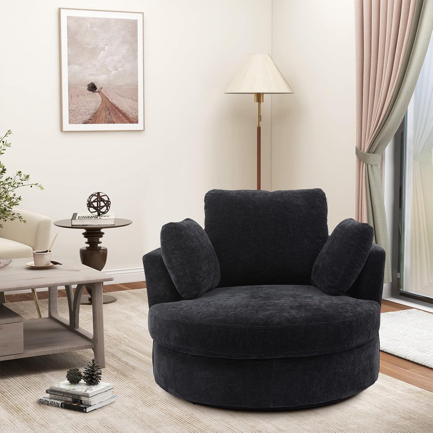 SLEERWAY Chair and A Half with 3 Pillows, 360° Swivel Chair Modern Circle Round Love Seat Sofa Couch Big Comfy Accent Barrel Chairs Living Room Bedroom Lounge Reading Corner Furniture (Black)