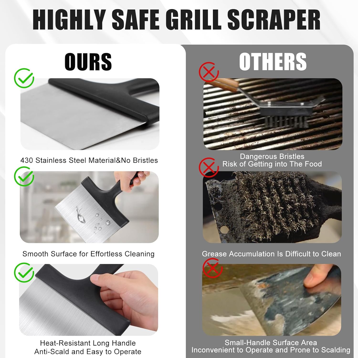 Grill Scraper, Griddle Scraper, Food Scraper with Handle for Blackstone Grill Accessories,Outdoor Barbecue Tools,Stainless Steel Scraper for Blackstone, Flat Top Grill Cleaning, Easy to Remove Stain