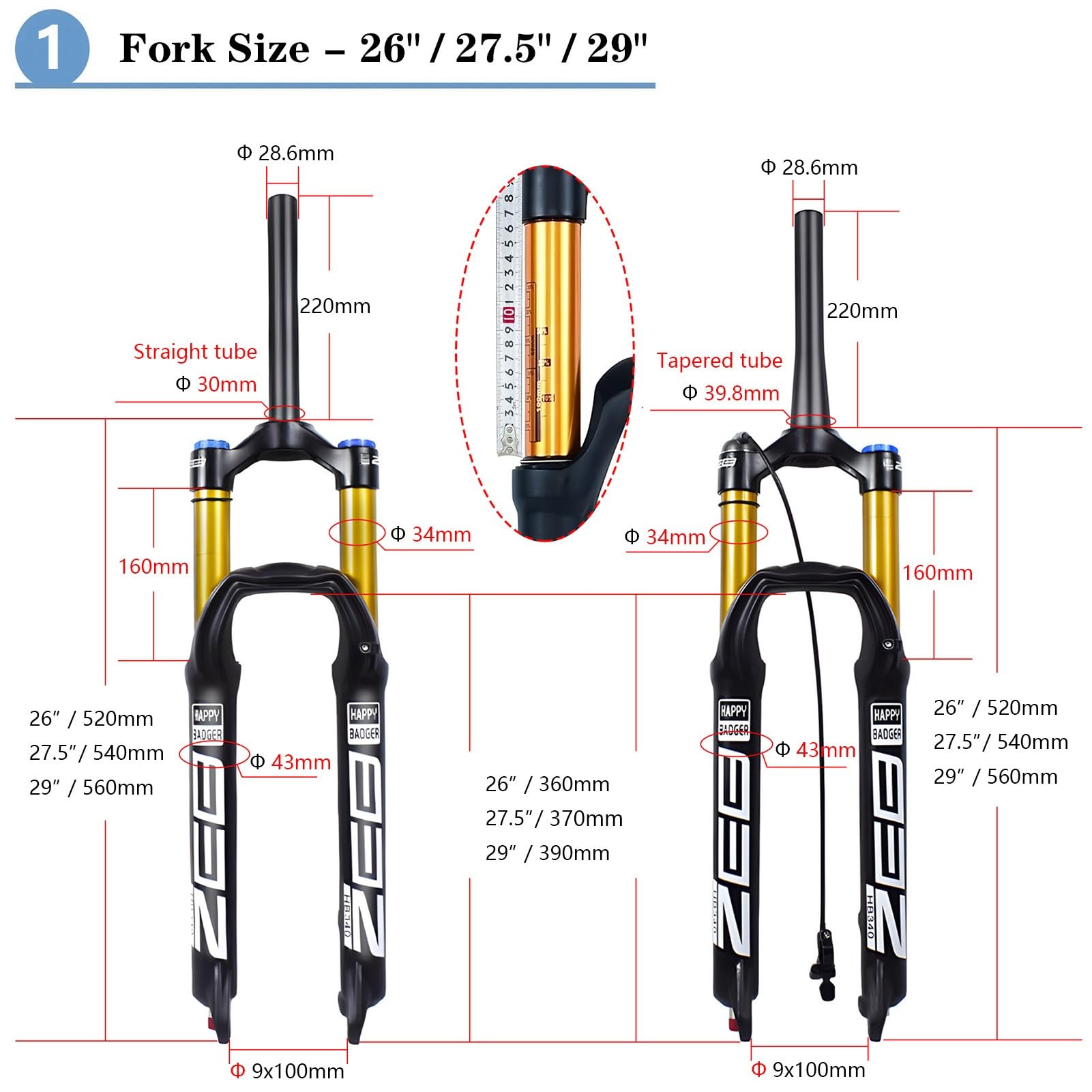 Widelec do roweru górskiego, 26, 27,5, 29 cali, 160 mm, przednie, 34 mm, wewnętrzna rura, zawieszenie pneumatyczne do AM, XC, MTB, Downhill Cycling - czarny (zwężana ręczna blokada, 66 cm)