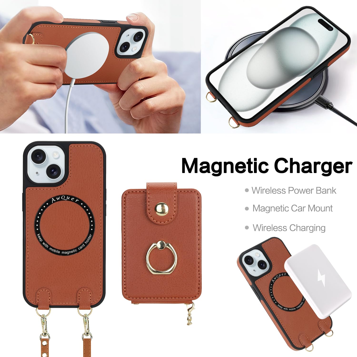 Custodia a portafoglio per iPhone 13/14 da 6,1 pollici, protezione dello schermo rimovibile, con anello, cavalletto a tracolla, compatibile con MagSafe RFID Blocking iPhone13 iPhone14, per donne e