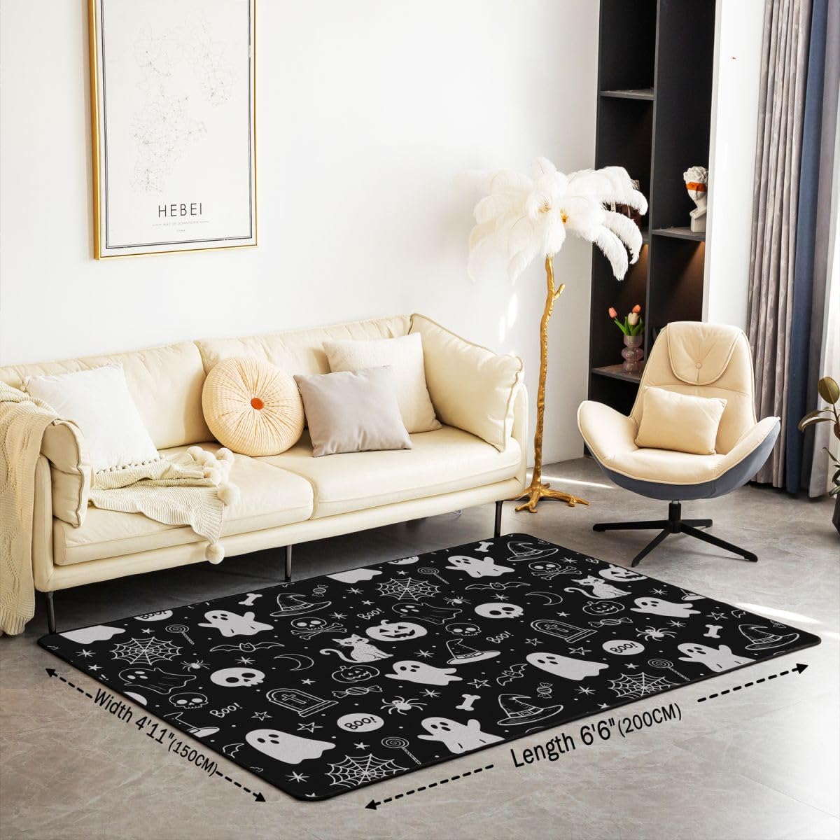 Manfei Halloween Kürbis Laterne Bereich Teppiche,Hexenhut Ghost Spider Web Rutschfester Teppich Schwarzes Fledermaus Sterne Skelett Indoor Fußbodenmatte Home Wohnzimmer Dekor,100 x 150 cm