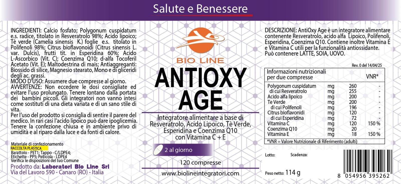 Laboratori Bio Line AntiOxy Age - Complex Integratori Antiossidanti a Base di Resveratrolo, Acido Alfa Lipoico, Coenzima Q10, Estratti Vegetali e Vitamine C ed E, Integratore in Compresse (120 Cpr)