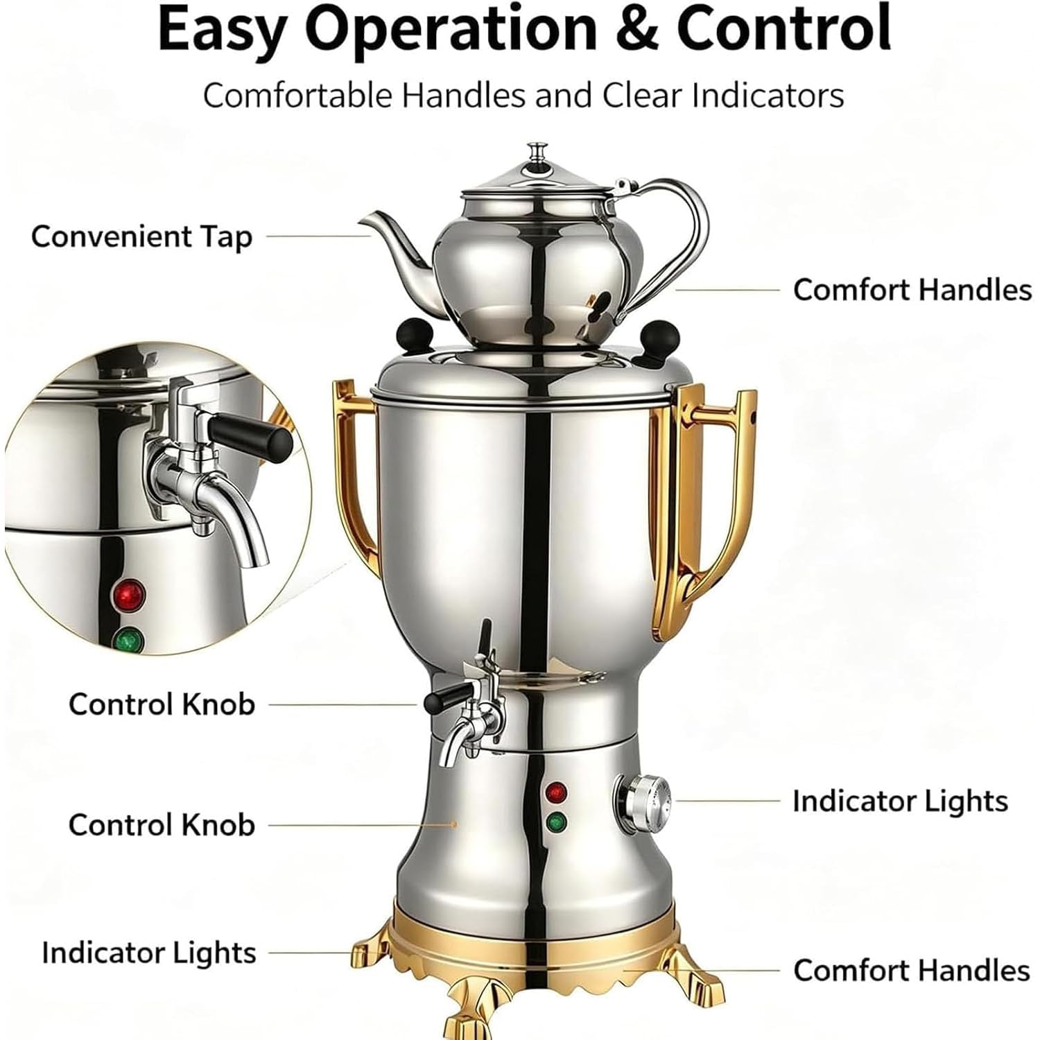 Samovar Elettrico Turco Da 1800 W Con Riscaldamento Rapido E Funzione Samovar, Completo Di Bollitore Da 4 Litri E Teiera Da 1 Litro, Set Da Tè In Acciaio Inox Con Sistema Anti-ebollizione A Secco