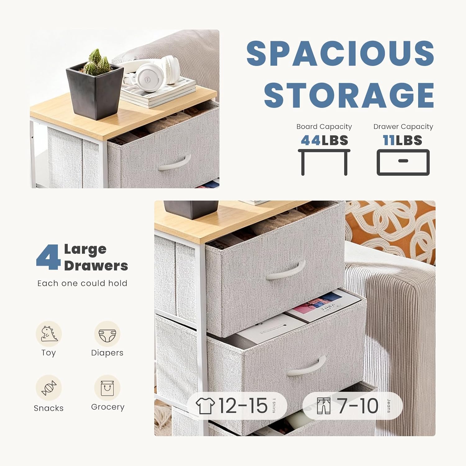 DUMOS Nightstand with 4 Drawers Bedside Table with Removable Fabric Bins Sturdy Steel Frame Wood Top Organizer Furniture for Bedroom Closet Living Room,Light Gray - Image 4