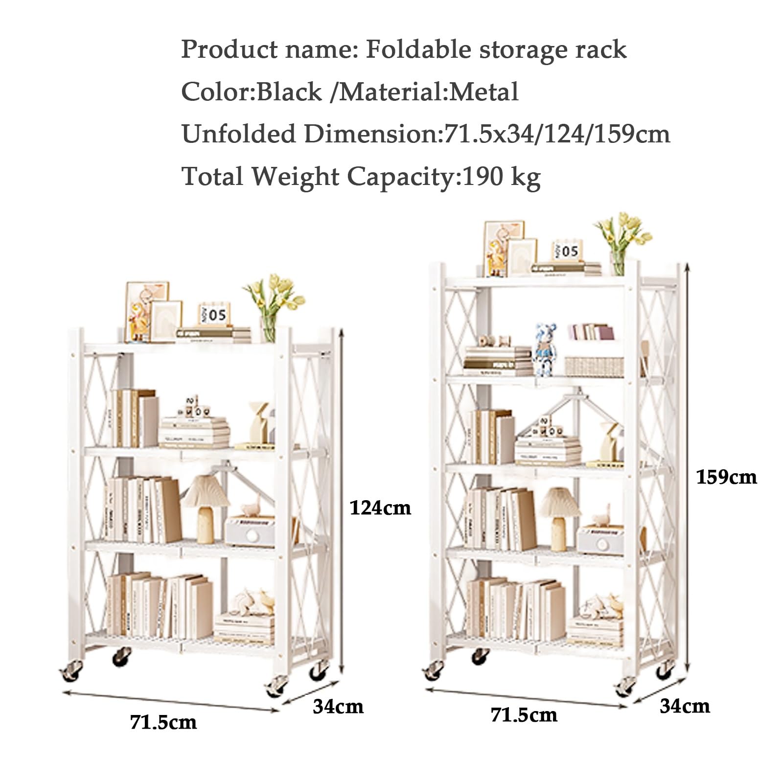Scaffali pieghevoli – Scaffale in metallo a 4/5 ripiani su ruote per cucina, garage, dispensa, soluzione versatile e pieghevole