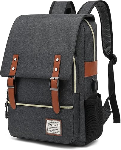 Mancio Mochila vintage delgada para laptop para mujeres y hombres, bolsa universitaria de negocios resistente a desgarros con puerto de carga USB,