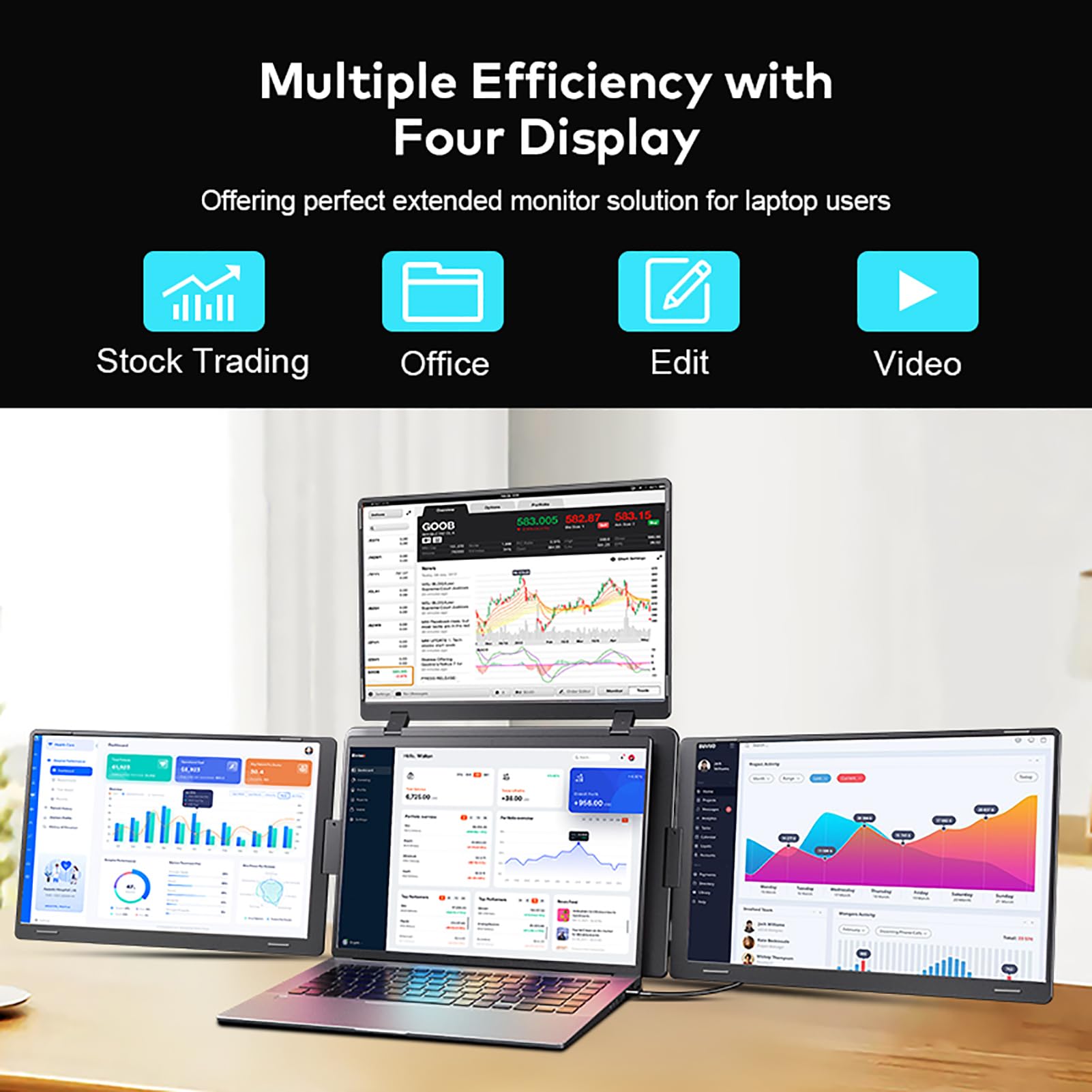 Monitor Portatile Triplo da 14" per Laptop, 1920x1200 IPS, Plug & Play, Monitor Quadruplo Extender a 3 Schermi per Laptop da 12-16,5", per 10 11, Mac (Spina europea)