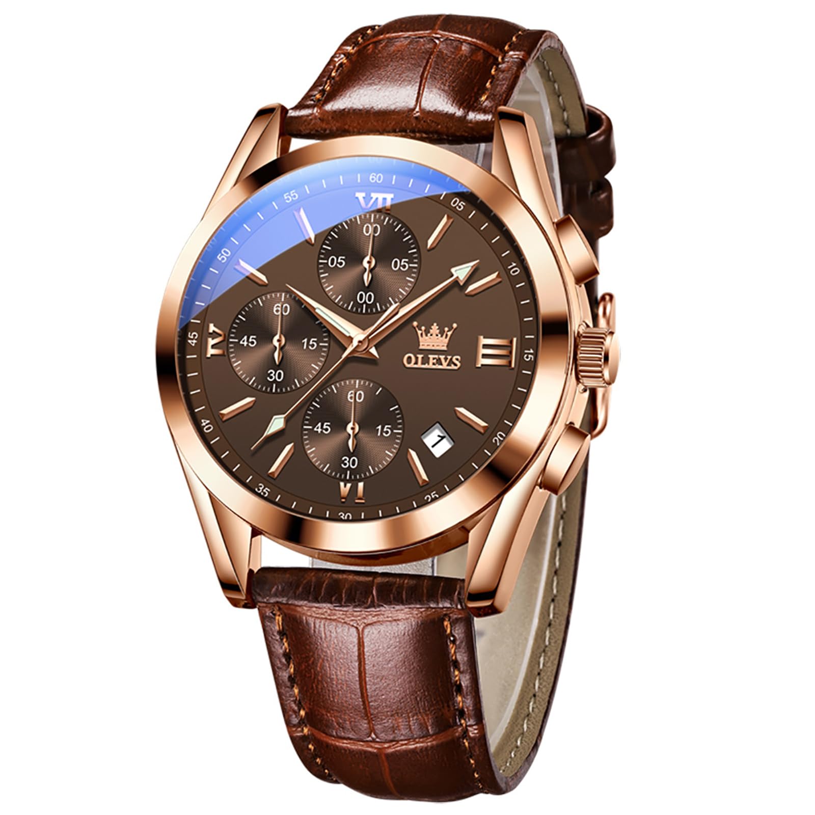 OLEVS Uhren Herren Chronograph Quarzuhr mit Lederarmband und Datum | Multifunktions 30M Wasserdicht Armbanduhr, Mineralglas Leuchtet im Dunkeln Analog Uhren fur Männer