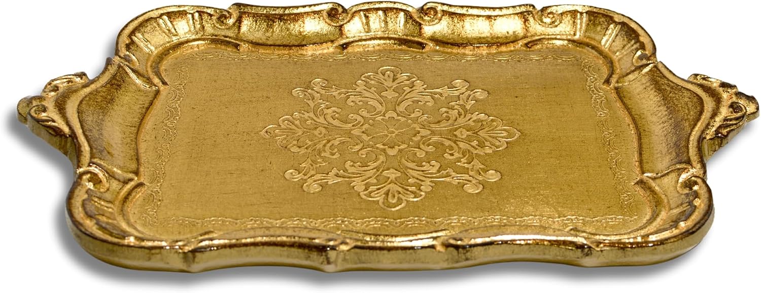Small Hand Carved Florentine Wood Rectangle Gold Vanity Tray, 10.25" x 7.5", Gold Tray for Vintage Home Decor, Shabby Chic Decor, Perfume Stand, Candle Holder, Gifts for Women, Made in Italy