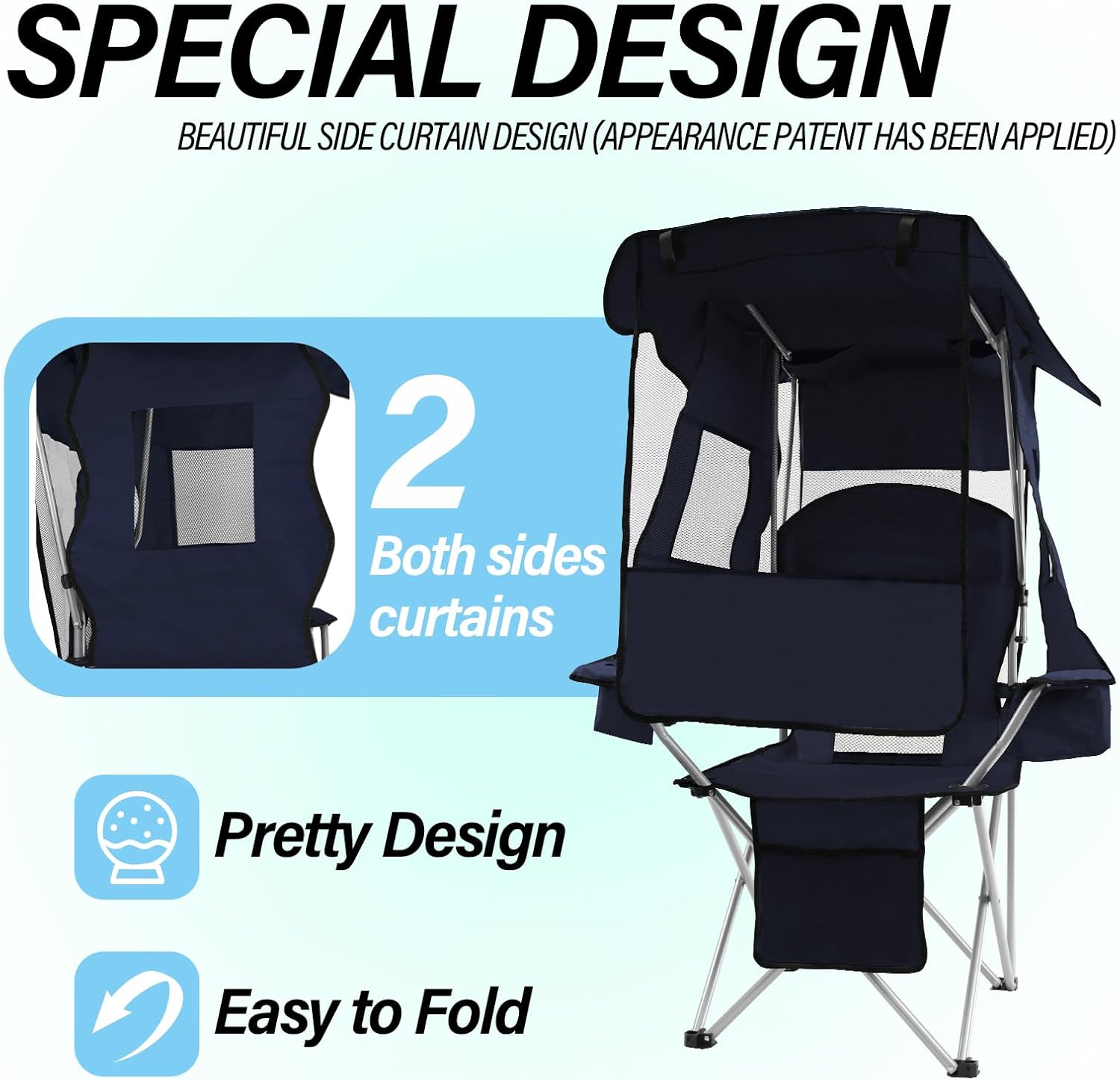 ptlsy Folding Camping Chair with Canopy, Beach Chair with Canopy Shade with Cup Holders, Cooler Bag for Camping, Fishing, Beach, Sports and Concert (Navy)