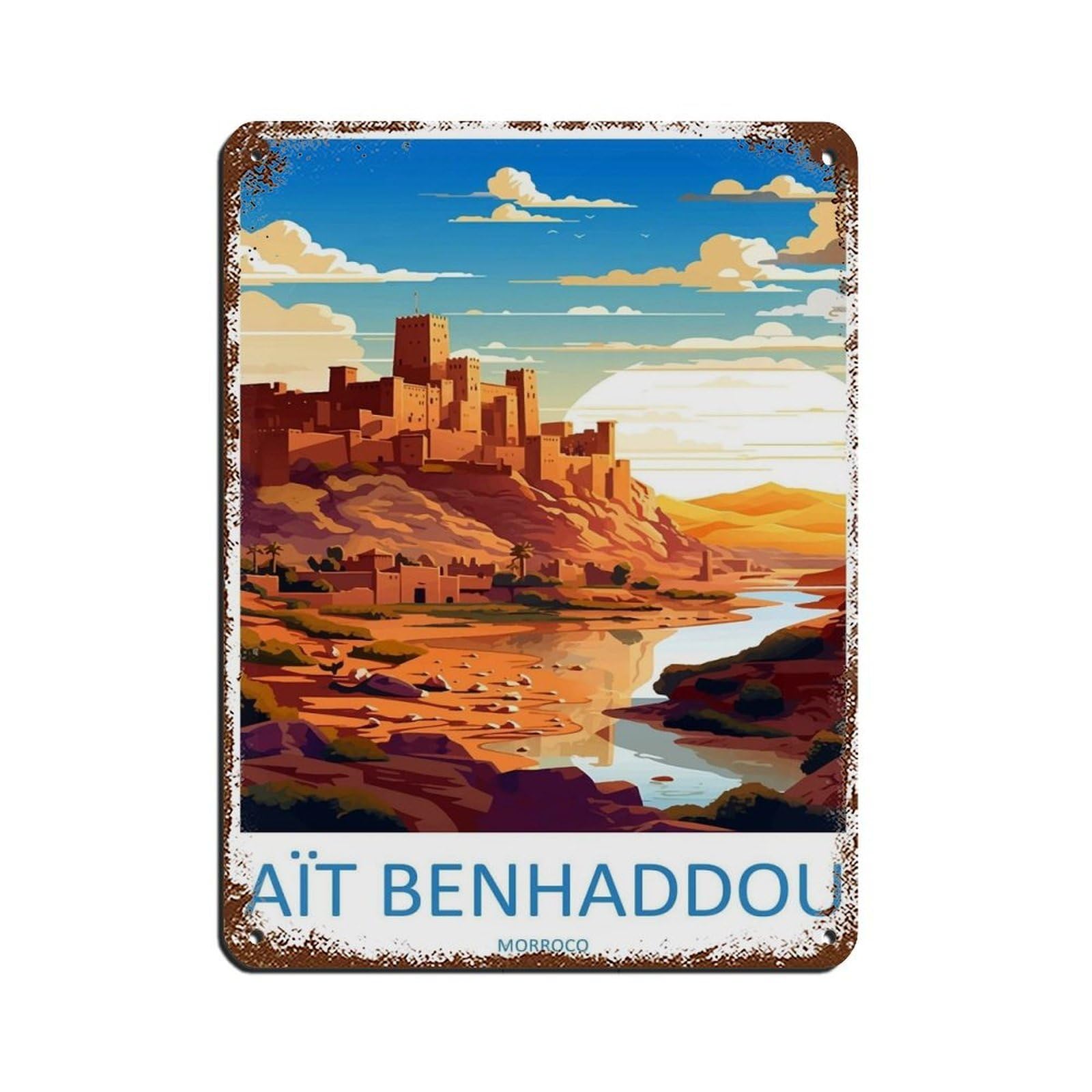Aït Benhaddou Travel Art Morocco Art Gift (3) Retro Poster Metal Tin Sign Chic Art Retro Iron Painting Bar People Cave Cafe Family Garage Poster Wall Decoration 12x16inch(30x40cm)