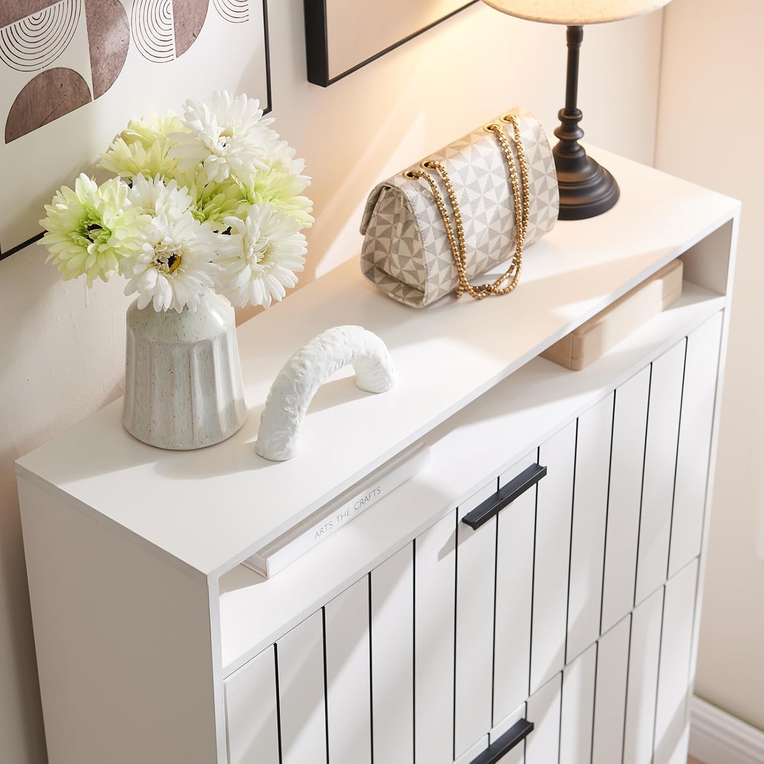 Narrow Shoe Storage Cabinet with Flip Drawers Wooden Organizer Drawer and Open Shelf Freestanding Rack Door for Entryway Hallway Mudroom Bedroom White White 2 Drawer (YXUS01K)