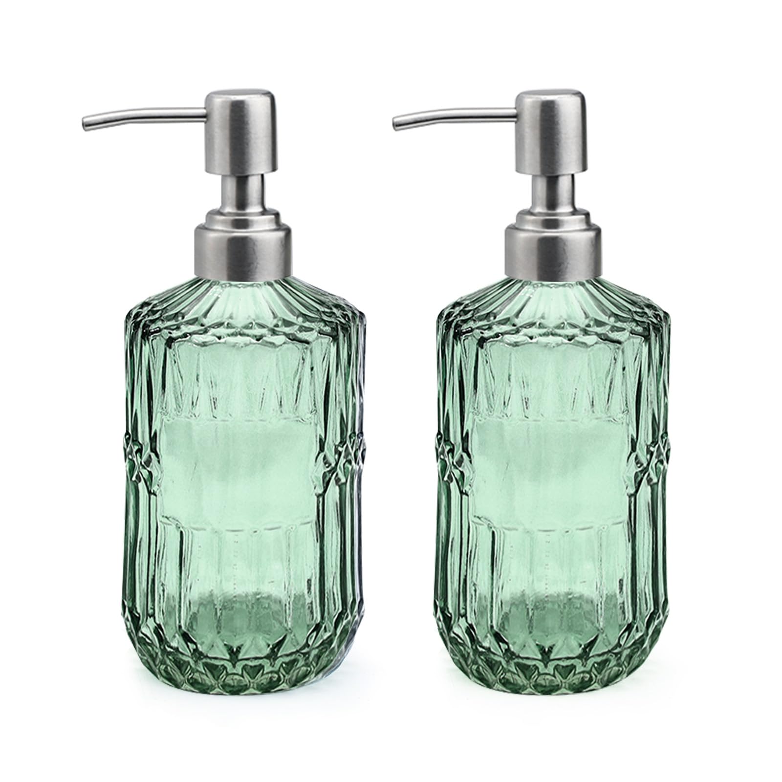Realand 2Pcs Glass Soap Dispenser with Stainless Steel Pump, 15.2oz Vintage Bathroom & Kitchen Liquid Hand & Dish Soap Dispenser Set, Green