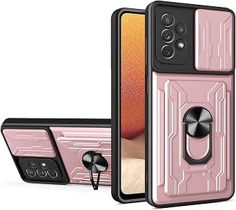 CCSmall for Samsung Galaxy A32 Case with Card Holder Camera Cover Rose Gold | Rugged Drop Protection with Sliding Lens Protector, Ring Kickstand, Wallet Storage, Raised Edges for Samsung A32 5G