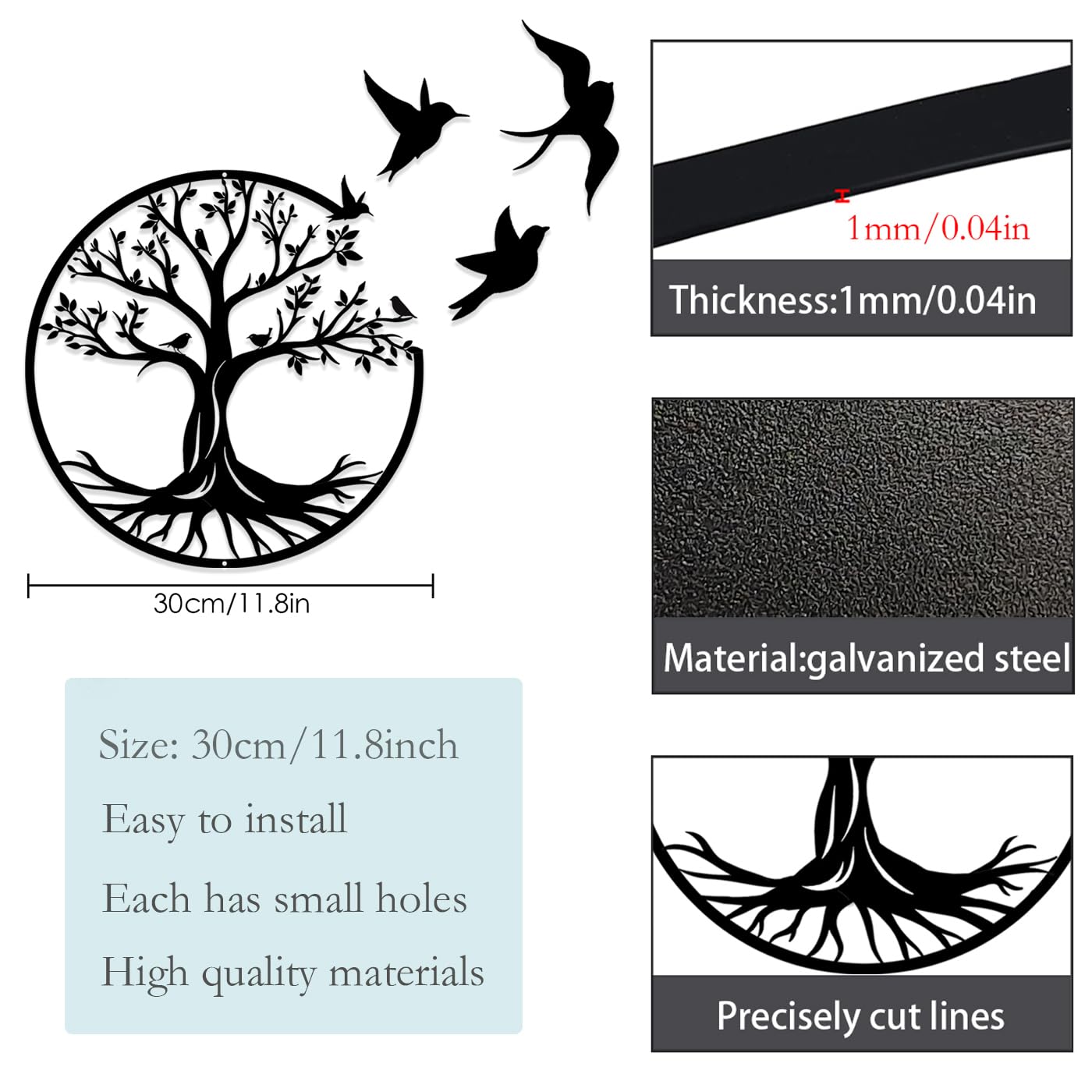 Luccyle Tree Life Metal Wall Art, Large Metal Tree of Life Metal Wall Art Decoration, Suitable Home Office Living Room Garden Bedroom, Decor Sculpture (50x50cm) (Bird 30cm)