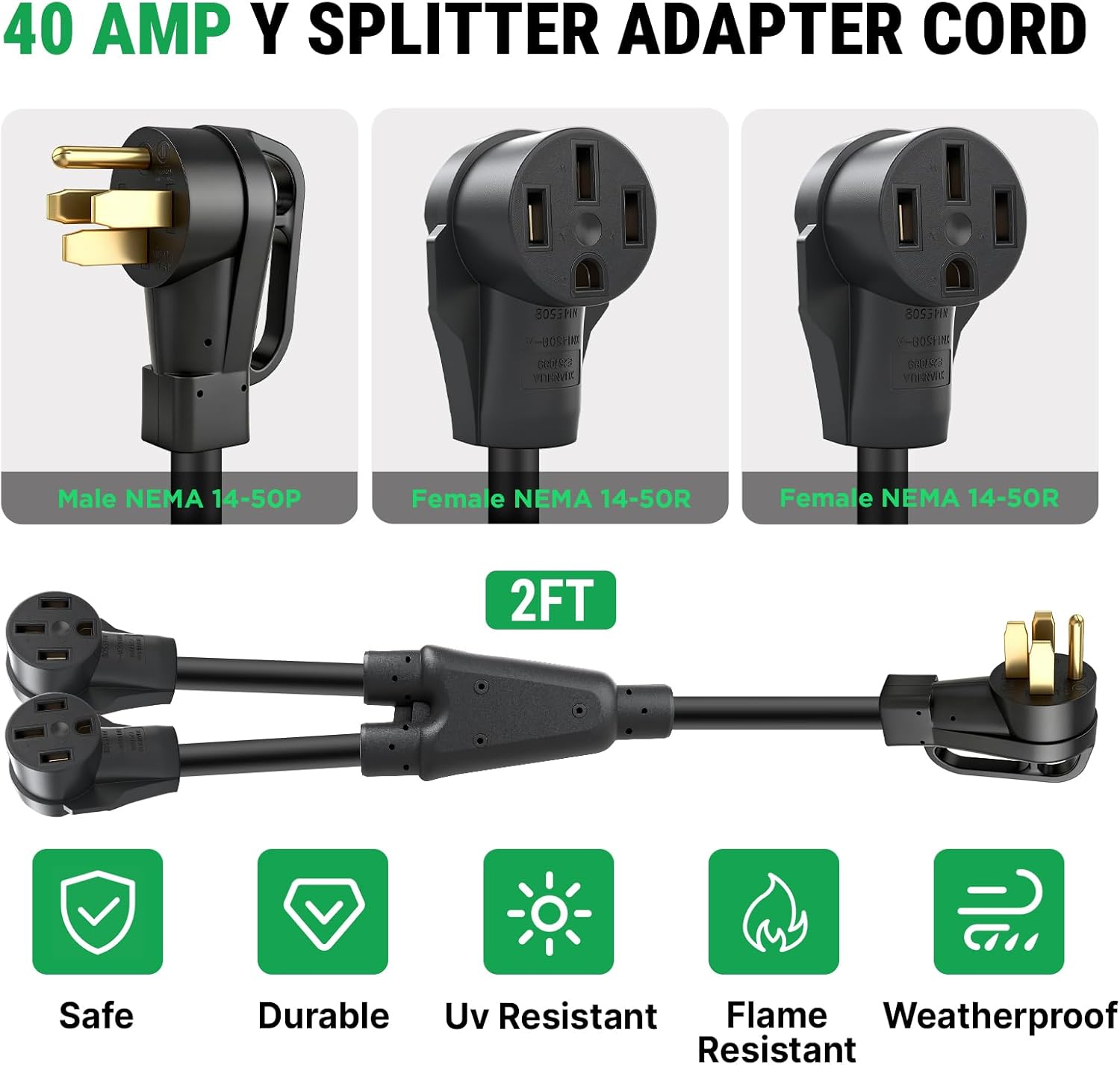 NEMA 14-50 Y Splitter Adapter Cord for RV and EV, NEMA 14-50P to 2X NEMA 14-50R, 8/3+10/1 STW AWG, 4 Prong 240 Volt, ETL Listed Max 40A 2FT