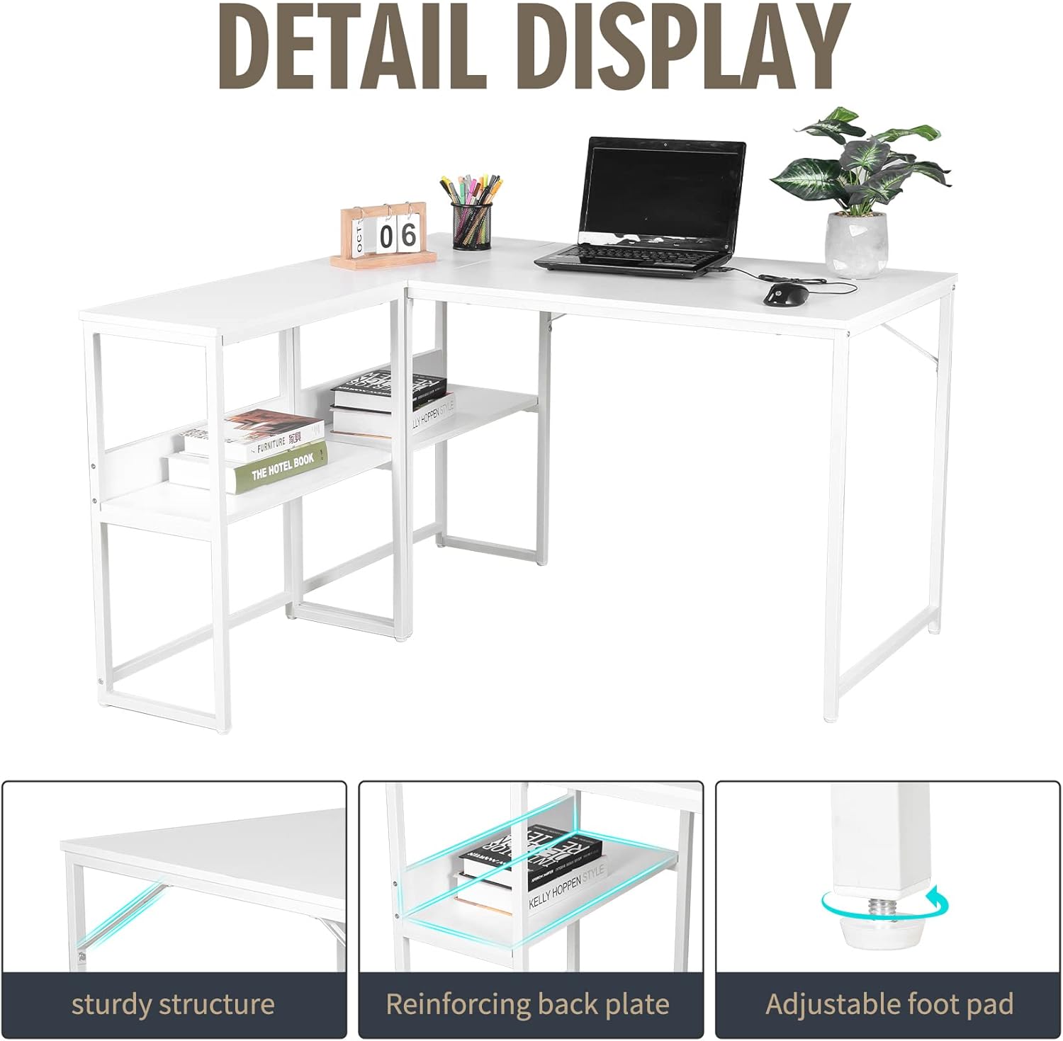UNICOO – Muti-Function 3 Combination Computer Desk. L Shaped Computer Desk with Shelves, Study Desk with Reversible Storage Shelves for Home Office (XJH-2402 - White)