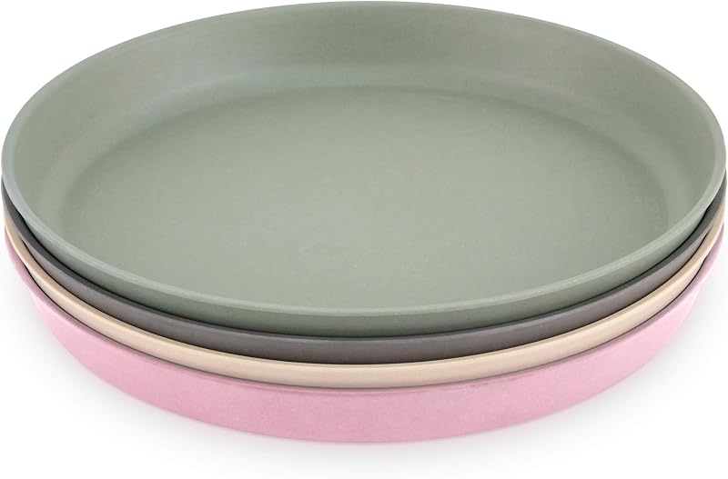 Bamboo Plates, Set of 4, Kid-Sized Dinnerware, Dishwasher Safe Melamine Dishware (Pink, Green, Gray, & Beige, Without Lids)