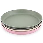 WeeSprout Bamboo Plates, Set of 4, Kid-Sized Dinnerware, Dishwasher Safe Melamine Dishware (Pink, Green, Gray, & Beige, Without Lids)