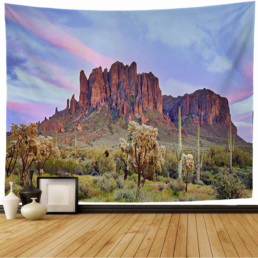 Starocha Tapestry Plant Panorama Superstition Mountains Sky Sunset Nature at Parks Brittlebush Wilderness Outdoor Wall Tapestry Beach Tapestry for Bedroom Decor 80x60 Inch