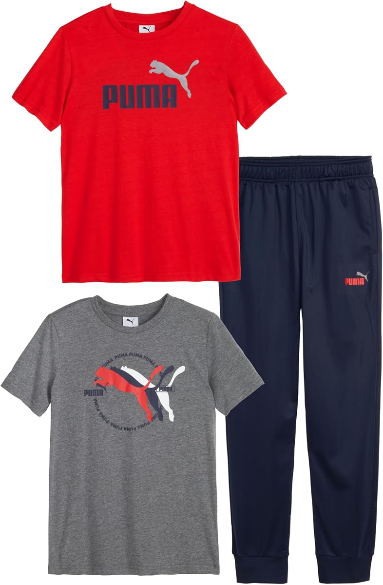 PUMA Conjunto de 3 piezas para niño, camisetas de manga corta de algodón y pantalón de tricot a juego