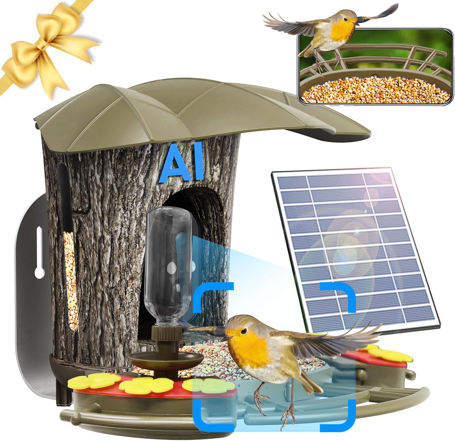 Smart Bird Feeder with Camera -【AI Identify 】 Camera Bird Feeder, Bird House Camera with Solar & Water Dispenser, IP67, DIY, Auto Capture & Motion Detection