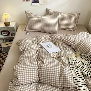 Brown Gingham Duvet Cover Double Brown White Gingham Plaid Checkered Grid Bedding Set Check Modern Washed Microfibre Comforter Cover 200x200 cm with Zipper Closure and 2 Pillowcases 50x75 cm