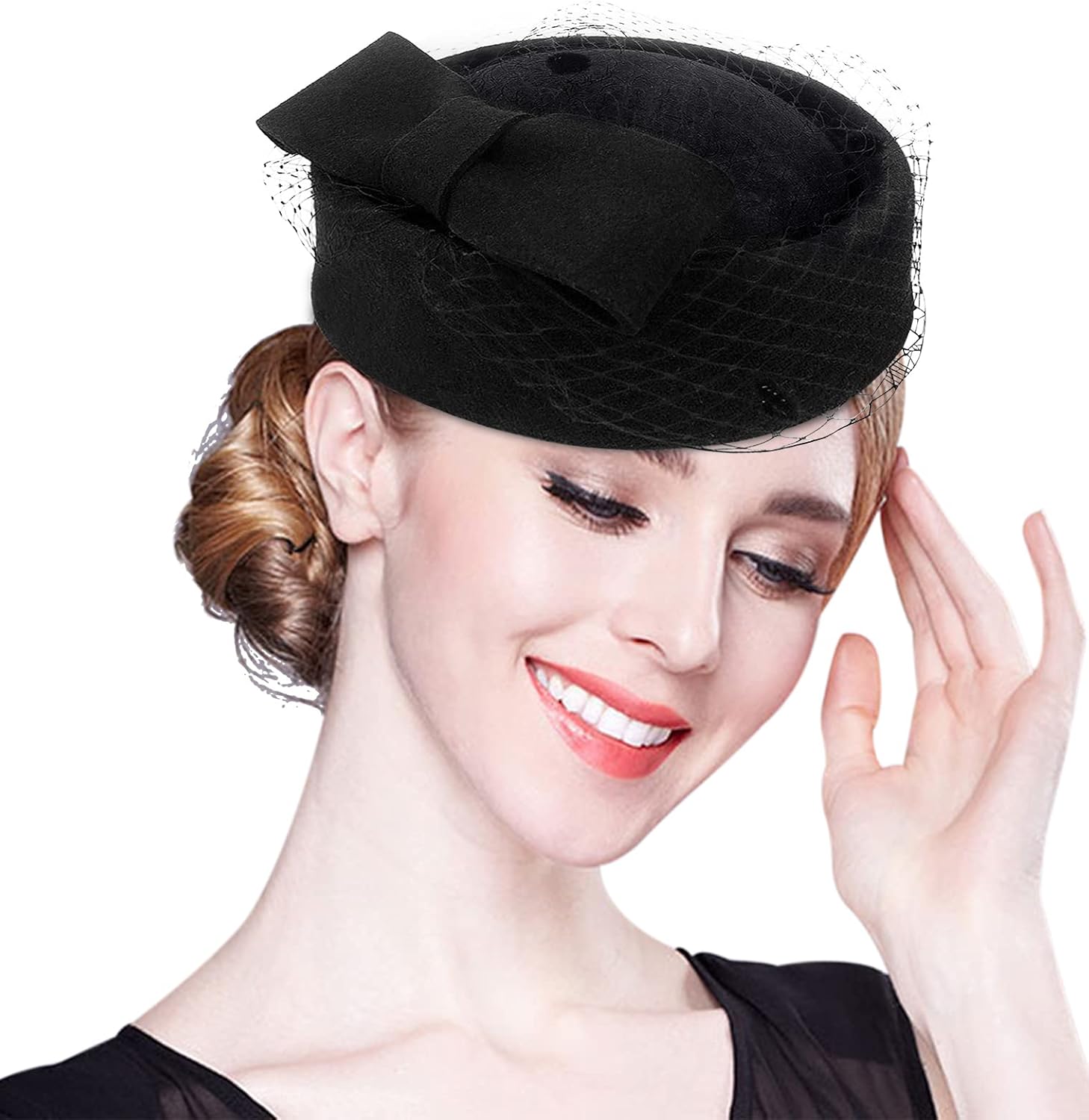 Z&X British Vintage Wool Felt Pillbox Hat Ladies Church Derby Winter Fascinator Hat Veil Flower Fedoras - Image 4