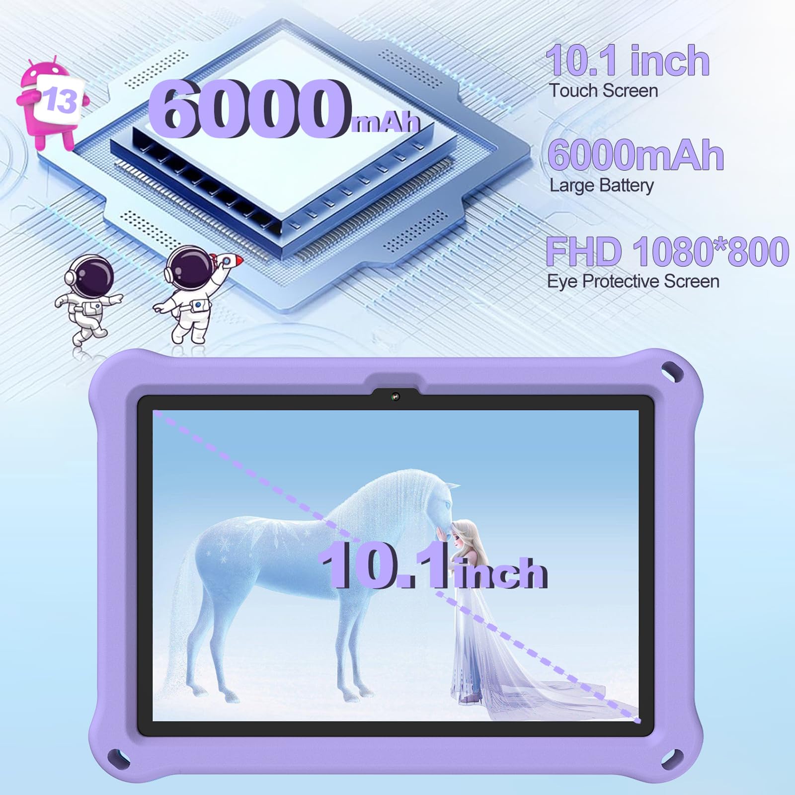 Tablet Bambini 10.1 Pollici, Android 13 Educativo per Bambini 8GB RAM 128GB Rom,Controllo Parentale,6000mAh,WiFi FHD 1280x800 per Tablet PC 3 a 6 Anni con Custodia,Viola