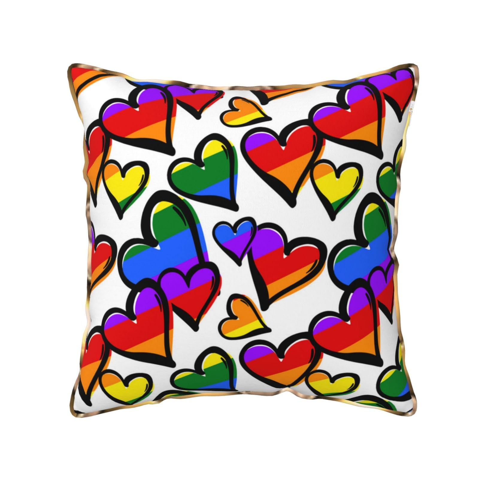 AUBKFELD Rainbow Colored Gay Pride Hearts Printed Velvet Cushion Cover 45x45 CM with Gold Edging Strip, Square Pillowcase Soft Throw Pillow Covers Case Decorative for Living Room Sofa Couch Bed Bench