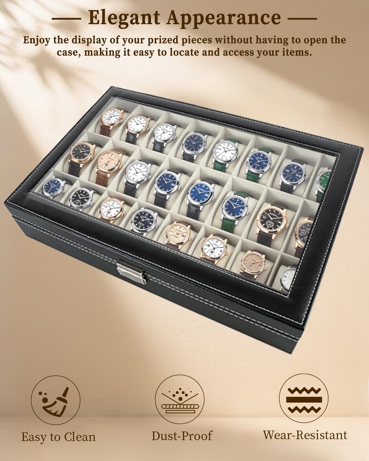 ATPEAM Uhrenbox 24, Eleganter Uhrenkasten mit Glasdeckel & Metallschloss, Uhrenkoffer mit Samt-Innenfutter, Geschenk für die Liebsten