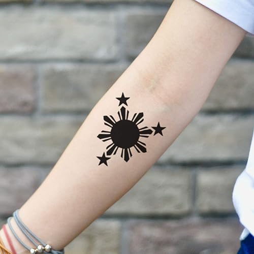 OhMyTat - Pegatina de tatuaje temporal con diseño de bandera del sol tribal filipina (juego de 2)