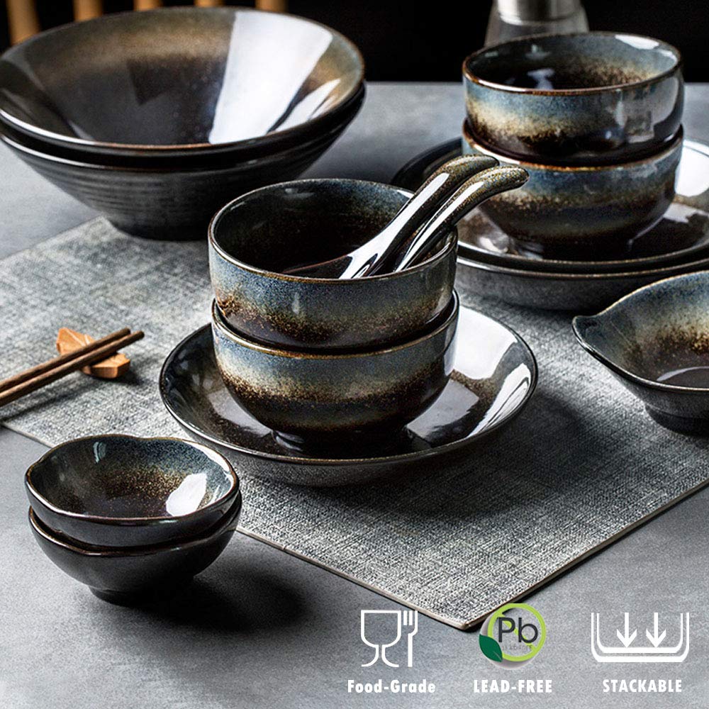 Genérico Tazón de Porcelana para Sopa de Fideos Ramen con Palillos y cucharas, 2 tazones japoneses Grandes de 900 ml para Udon, pho, Pasta y ensaladas, tazones para Cereales y Fideos.